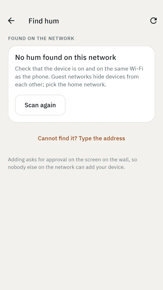Search screen reporting that no hum was found on this network, with a rescan button.