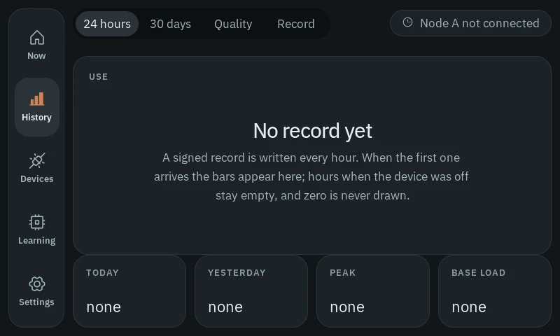 History screen: a 24-hour, 30-day, quality and record switch above an empty chart that says no records yet.