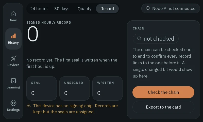 Record view: signed hourly record count, chain verification and export buttons, with a warning that this board has no signing chip.