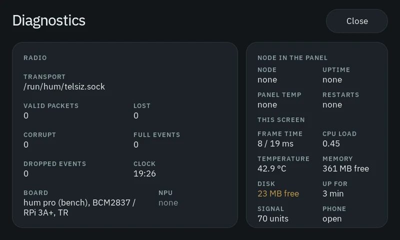 Diagnostics: radio packet counters, frame time, processor load, temperature, memory, disk and Wi-Fi signal.