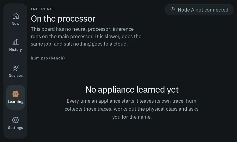 Learning screen stating that inference runs on the main processor because this board has no neural processor.